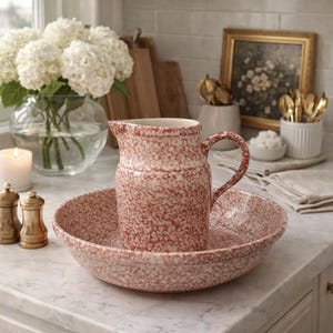 Juego de jarra y palangana de cerámica roja vintage con esponja / Gerald Henn American Folk Pottery / Roseville, OH