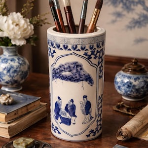 May include: A cylindrical ceramic brush holder with a blue and white design, filled with various paint brushes. The holder features a landscape scene and figures. Other decorative items are in the background, including a vase and a small jar.