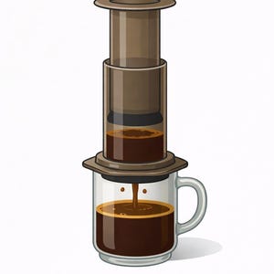 May include: An illustration of a coffee maker brewing coffee into a clear glass mug. The coffee maker is brown and clear, with coffee pouring into the mug. The mug has a handle and is filled with dark brown coffee.