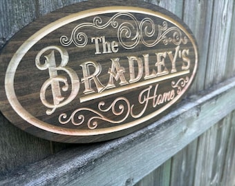 Plaque de maison familiale personnalisée, nom de famille personnalisé, art mural, plaque ovale en bois, cadeau de décoration intérieure élégant pour les couples | Bienvenue dans notre enseigne