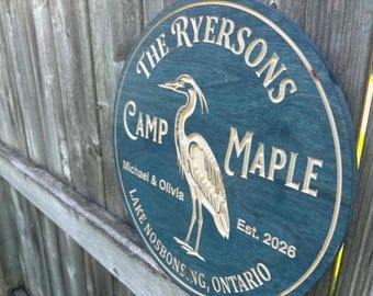 Custom Blue Heron Sign for Camp Cottage Decor | Wooden Lakefront House Plaque Gift | Personalized Lakehouse Wall Art for Camping or Cabin