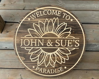 Personalized Couples Name Sign Engraved Sunflower Wall Art for Anniversary or Wedding Gift for Her | Outdoor Garden Sign Flower Decor