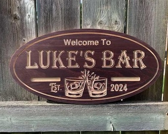 Personalized Bar Sign for Home Bar Wall Decor Gift for Dad Basement Lounge Setup | Custom Wood Pub Sign for Mancave with Whiskey Glass Art