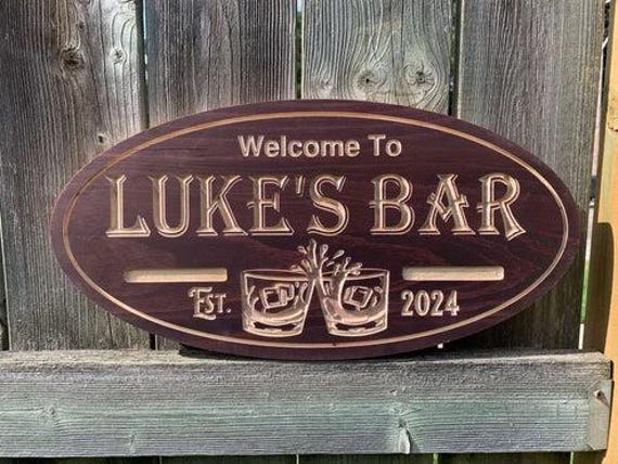 Personalized Bar Sign for Home Bar Wall Decor Gift for Dad Basement Lounge Setup | Custom Wood Pub Sign for Mancave with Whiskey Glass Art