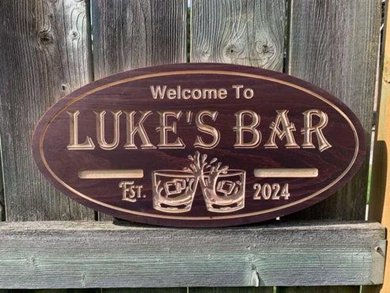 Personalized Bar Sign for Home Bar Wall Decor Gift for Dad Basement Lounge Setup | Custom Wood Pub Sign for Mancave with Whiskey Glass Art image 1