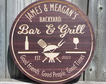 Personalized Backyard Bar and Grill Sign for Patio Bar Decor, Custom Wood BBQ Outdoor Sign for Backyard Bar Gift for Him Plaque