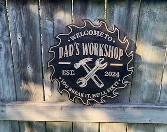 Personalized Dad's Workshop Sign Custom Garage Wall Decor Rustic Work Shop Plaque Wood Saw Blade Sign Gift for Dad | Fathers Day Gift