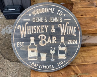 Personalized Whiskey and Wine Bar Sign For Couples Wall Art | Home Bar Decor Gift | Custom Basement Lounge Pub Sign with Location and Date