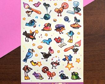 May include: A sticker sheet titled Busy Birds featuring various colorful cartoon birds engaged in activities like painting, reading, cooking, and wearing hats. The sheet includes small yellow stars and the text @jelarts at the bottom.