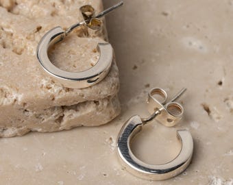 Small Flat Sterling Silver C Hoop Earrings 925 Polished Handmade in Taxco Mexico