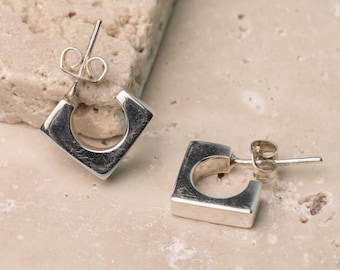 Sterling Silver Square Stud Earrings Geometric Open Frame 925 Handmade in Taxco Mexico