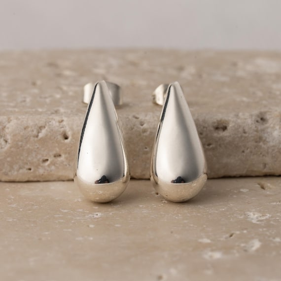 Straight Sterling Silver Teardrop Stud Earrings 925 Polished Handmade in Taxco Mexico