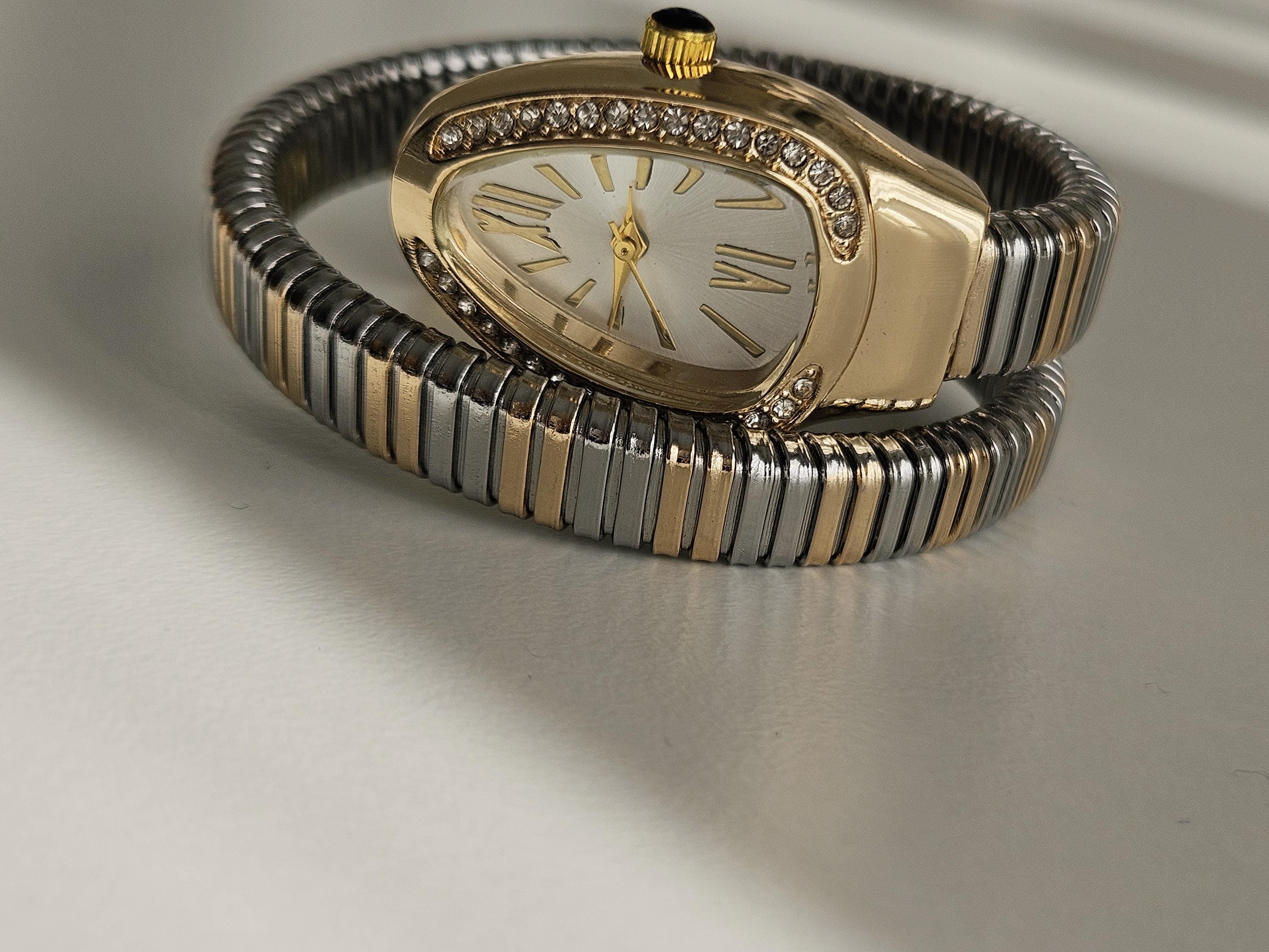 Two-tone Snake Bracelet Watch, Gold Silver Stainless Steel Stretch Band ...