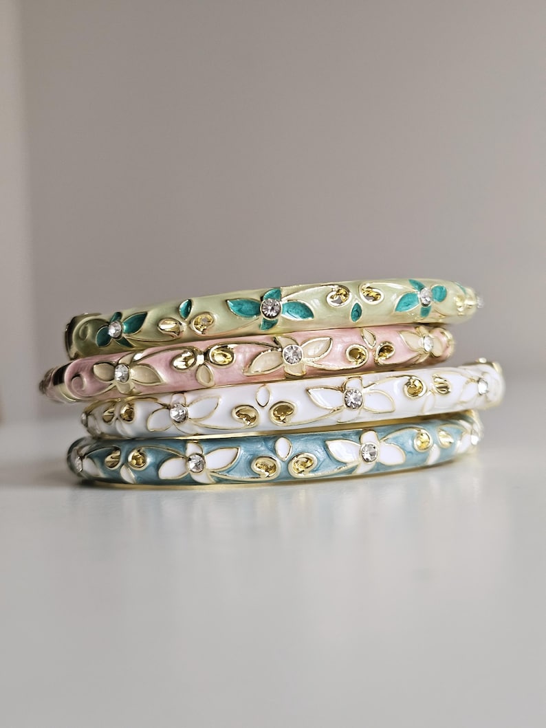 Soft-tone Enamel Floral Bangle – Gold Finish With Crystal Details - Etsy
