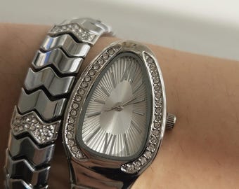 Crystal Snake Wrap Bracelet Watch, Two-Tone Coil Band