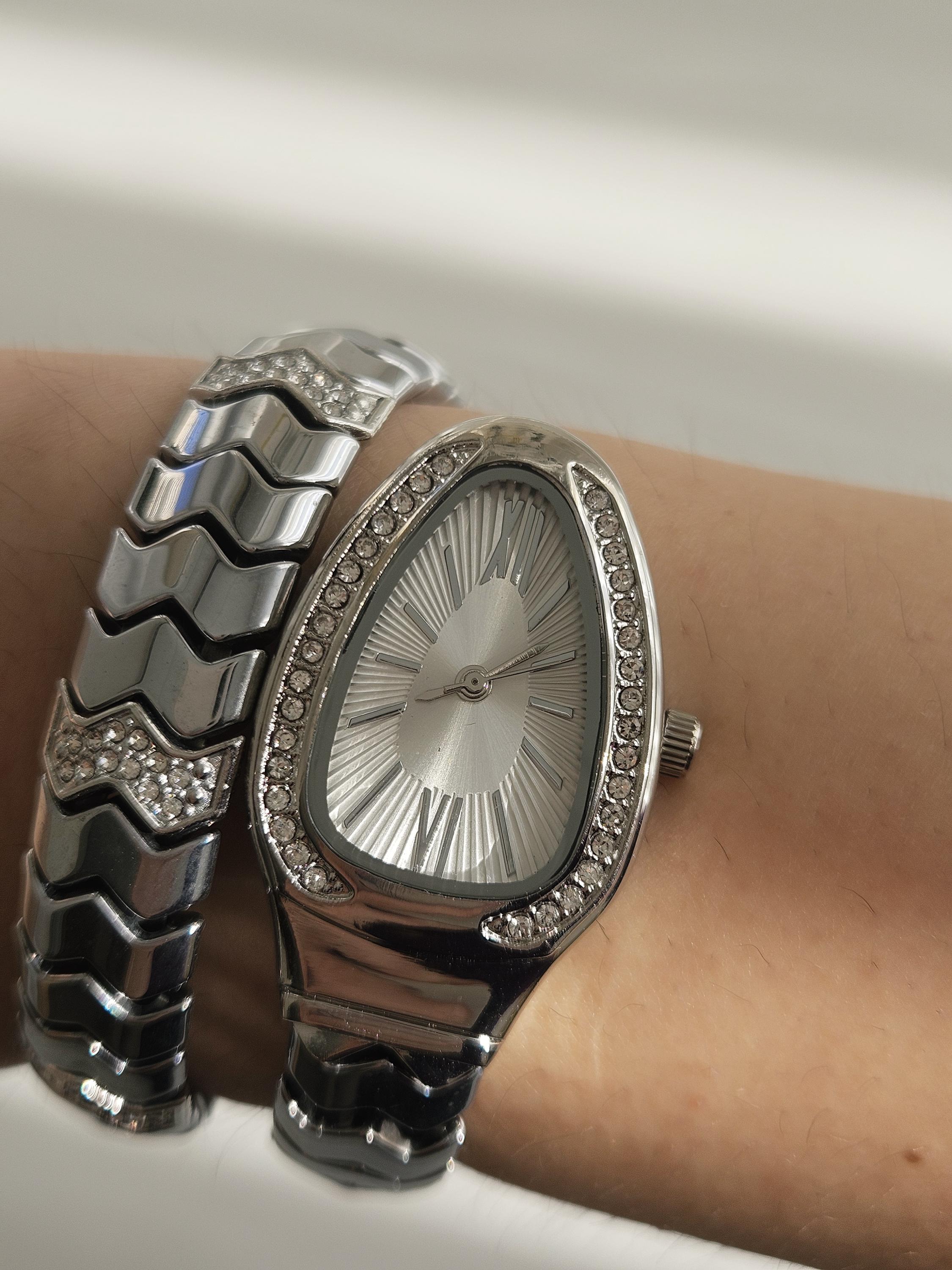 Luxury Serpent-Style Coil Wrap Watch Bracelet Crystal Bezel Genoa Coiled Cuff Snake Wrist Watch, Vintage Clear  main image 4