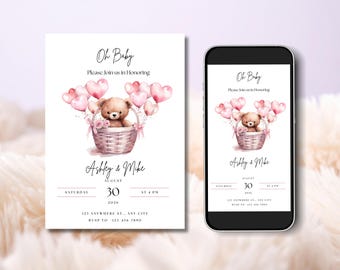 Teddy Bear Baby Shower Invitation, Pink Balloons, Canva Template (Digital Download)