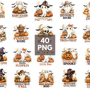 May include: A collection of 20 digital illustrations featuring Halloween themes including ghosts, pumpkins, skulls, cats, and raccoons wearing hats. Each graphic includes text such as BOO THING, HAUNT SEASON, SPOOKY BABE, and TRICK OR TREAT, set against a white background.