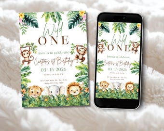 Wild One Birthday Invitation, Jungle Safari Animals, First Birthday (Digital Download)