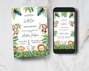 Jungle Baby Shower Invitation, Animal Baby Shower Invite, Safari Theme Invitation, Canva editable, Gender Neutral, A Little Wild One Shower