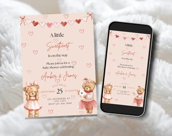 Valentine Baby Shower Invitation, Sweetheart Teddy Bear, Editable Canva Template (Digital Download)