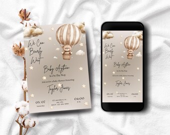 Teddy Bear Hot Air Balloon Baby Shower Invitation, Gender Neutral (Canva Editable, Instant Download)