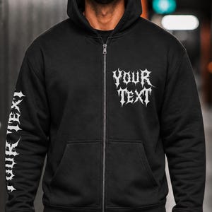 Sweat à capuche unisexe Death Metal entièrement zippé « Slime Fang » | Sweat à capuche zippé avec nom personnalisé | Sweat à capuche noir zippé avec police en métal | Cadeau gothique en métal
