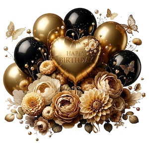 Happy Birthday Balloon PNG Set 6-teilig Black Gold Glam, Luxus Geburtstagsdeko, elegante Birthday Cliparts, Glamour Party Ballon Design