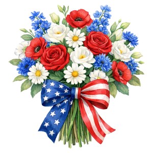 Könnte beinhalten: Ein Aquarellstrauß mit roten Rosen, Mohnblumen, weißen Gänseblümchen und blauen Blumen. Das Arrangement ist mit einer patriotischen Schleife in Rot, Weiß und Blau gebunden, passend für eine patriotische Feier.