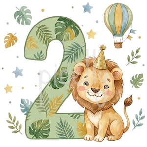 Puede incluir: Una ilustración en acuarela que presenta un número dos grande decorado con hojas tropicales verdes y amarillas, un león sentado con un gorro de fiesta amarillo, un globo aerostático azul y amarillo, y estrellas amarillas y puntos azules.