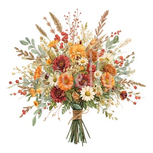 May include: A floral bouquet featuring a mix of orange, deep red, and white flowers, including daisies and chrysanthemums, accented with green foliage, dried grasses, and small red berries. The stems are tied together with a simple brown twine.