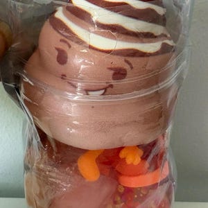 May include: A brown and white swirled plush toy shaped like a smiling character with a soft texture, packaged inside a clear plastic bag along with several small, colorful, translucent orange and pink plastic toy pieces and glittery spheres.
