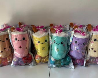 Pre-Filled Boba Bubble Tea Themed Party Favor Birthday Kids Tween Teens Includes 5” Plush, Squishy, Rubber Duck, Confetti Hi Bounce Ball