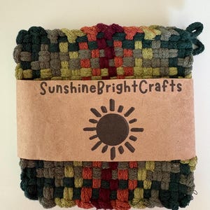 Set of 2 - 7” Artisan Earthy Greens Burgundy Spice Organic Woven Loom 100% Cotton Handmade Potholders Trivets Hot-pads with Hanging Loops
