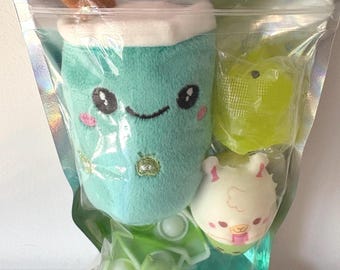 Pre-Filled Boba Bubble Tea Themed Party Favor Birthday Kids Tweens Teens 3” Plush, Squishy, Mochi, Pop it Clip, Diamond Cut Hi Bounce Ball