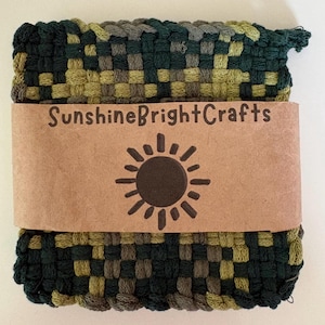 Set of 2 - 7” Artisan Earthy Greens Sage Willow and Pine Woven Loom 100% Cotton Handmade Potholders Trivets Hot-pads with Hanging Loops