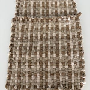 Set of 2 - 10” Artisan Brown and Beige Woven Loom 100% Cotton Handmade Potholders Trivets Hot-pads with Hanging Loops