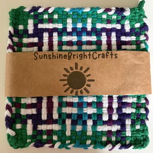 10” Artisan Blue White Green and Purple Woven Loom Handmade 100% Cotton Potholder Trivet Hot-pad Table Protector with Hanging Loop