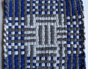 Pro Artisan Pewter Gray, Bright Blue, and Heather White Cotton Handmade Potholder Trivet with Hanging Loop
