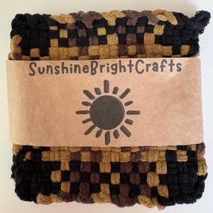 Set of 2 - 7” Artisan Ochre Black and Chocolate Brown Woven Loom 100% Cotton Handmade Potholders Trivets Hot-pads with Hanging Loops