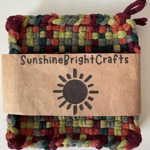 Set of 2 - 7” Mix and Match Artisan Burgundy Spice Greens Ochre Organic Woven Loom 100% Cotton Handmade Potholders Trivets Hanging Loops