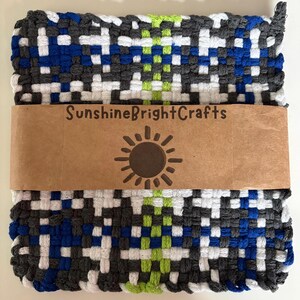 10” Artisan Blue White Lime Green Pewter Gray Woven Loom Handmade 100% Cotton Potholder Trivet Hot-pad Table Protector with Hanging Loop