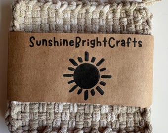 Set of 2 - 7” Artisan Beige and Natural Woven Loom 100% Cotton Handmade Potholders Trivets Hot-pads with Hanging Loops