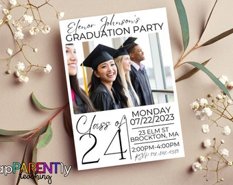 May include: Graduation party invitation with a photo of four graduates in caps and gowns. The text reads "Elenor Johnson's Graduation Party, Class of 24, Monday 07/22/2023, 23 Elm St Brockton, MA 2:00PM-4:00PM RSVP 712-842-4289".