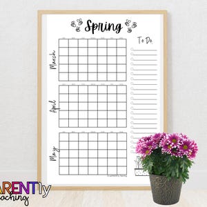May include: A printable spring calendar with sections for March, April, and May. The calendar has a to-do list on the right side and a bee design at the top. The calendar is in black and white.