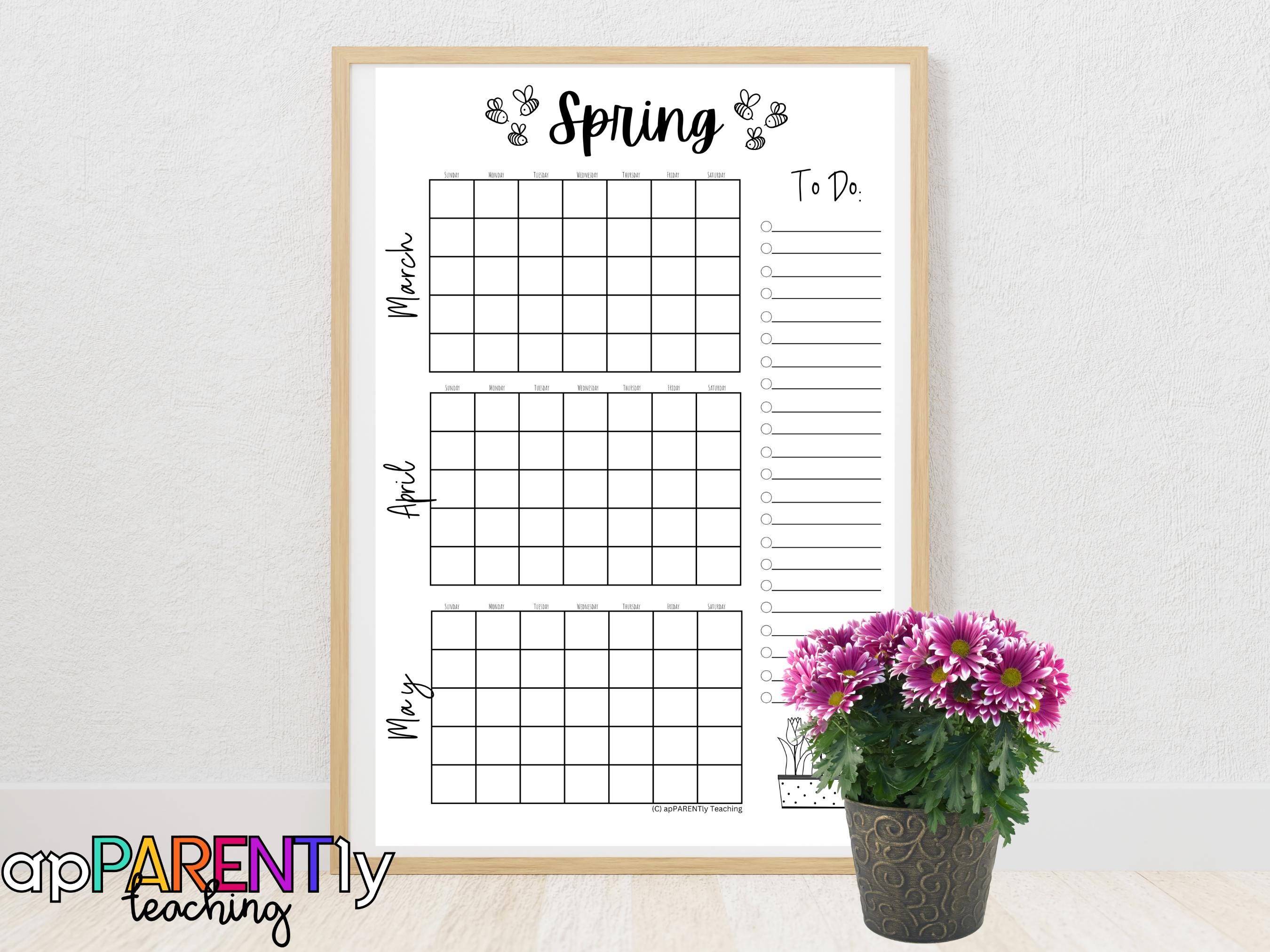 Printable Spring Calendar, Without Dates, 3 Months, Organization Hacks ...