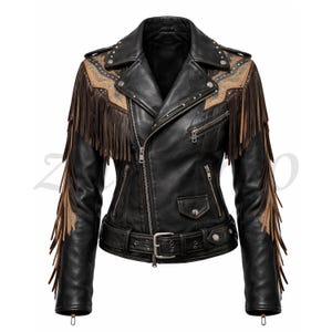 May include: Black leather jacket with fringe detailing on the sleeves and shoulders. The jacket features a classic biker style with a belted waist, silver hardware, and decorative studs. The fringe is brown and tan.