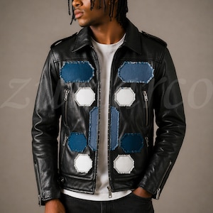 Men’s Black Leather Jacket with Denim Patchwork | Handmade Streetwear Biker Jacket Distressed Jean Patches Custom Fashion Coat Gift For Him