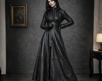 Handmade Leather Maxi Coat Women, Full Zip Corset Jacket, Long Black Trench Coat, Genuine Leather Coat, Gothic Leather Jacket, Custom Fit