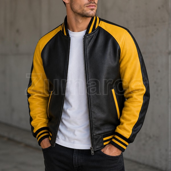 Zwart-gele varsity-jas heren | Leren bomberjack | Leren Letterman-jack in honkbalstijl en retro-streetwear: cadeau voor hem